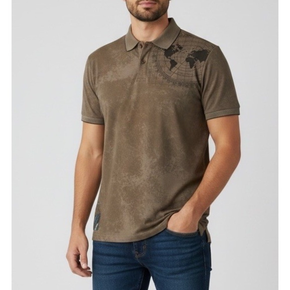 KILLER X KT-8432 Polo Shirt Large World Map Graphic Stretch Taupe Casual